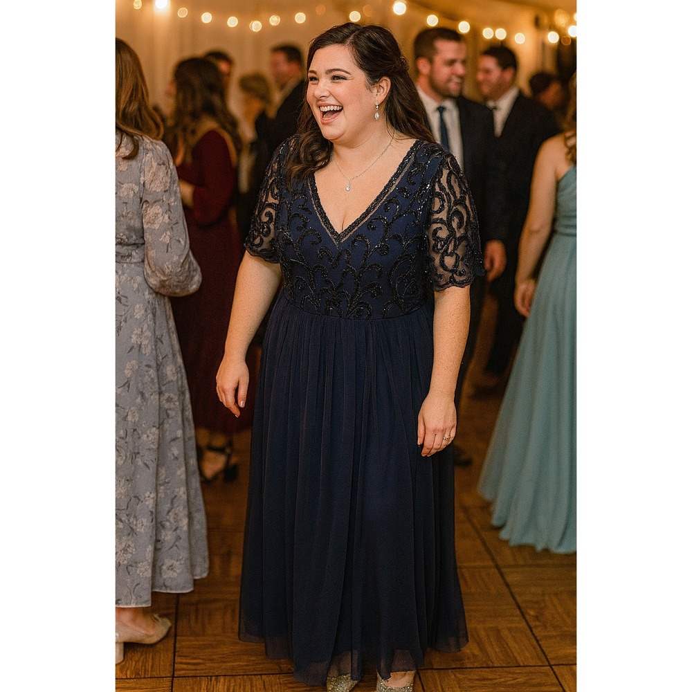 Papell Studio 4 Navy Blue Beaded Sequin Formal Maxi Dress Wedding Party Glam